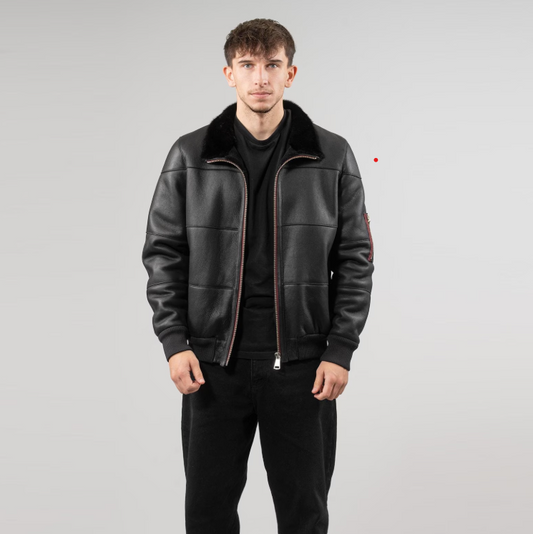 Men's Black Sheepskin Leather Jacket with Fur Collar
