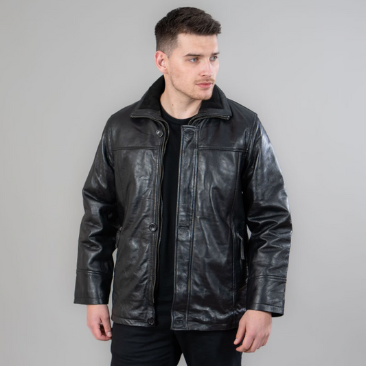 Black leather zipped jacket with a detachable collar