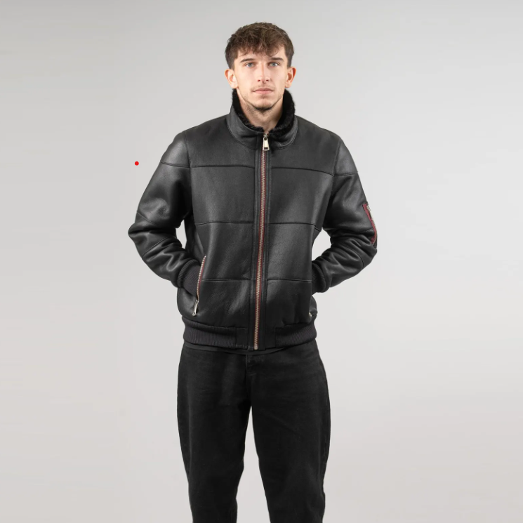 Men's Black Sheepskin Leather Jacket with Fur Collar