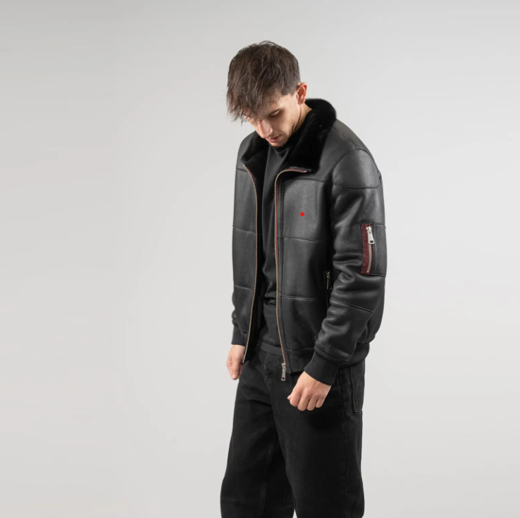 Men's Black Sheepskin Leather Jacket with Fur Collar
