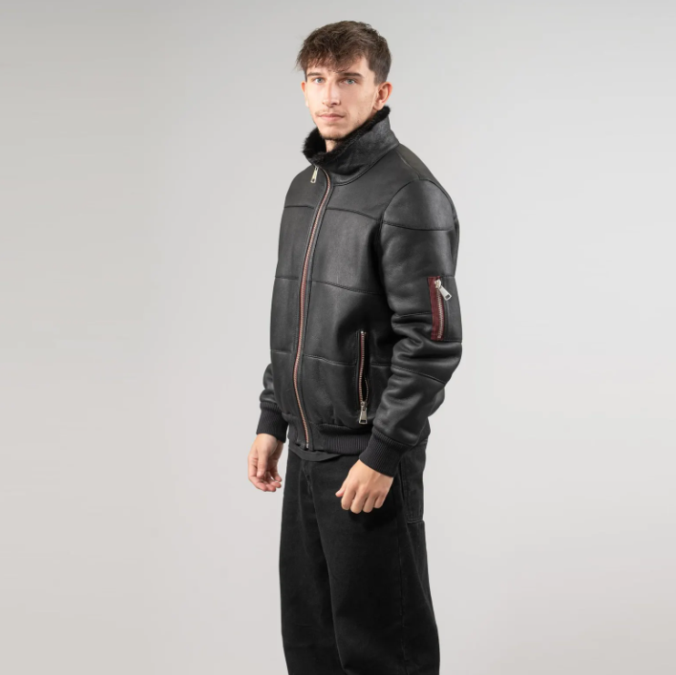 Men's Black Sheepskin Leather Jacket with Fur Collar
