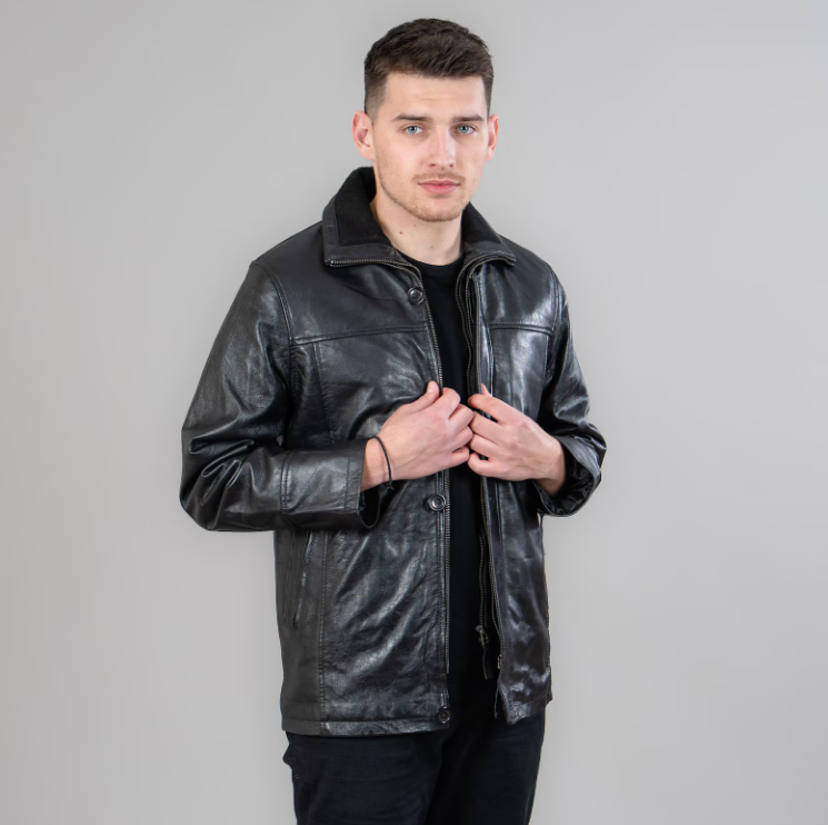 Black leather zipped jacket with a detachable collar