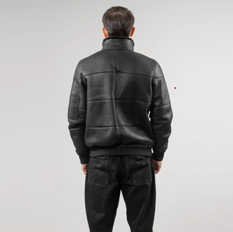 Men's Black Sheepskin Leather Jacket with Fur Collar