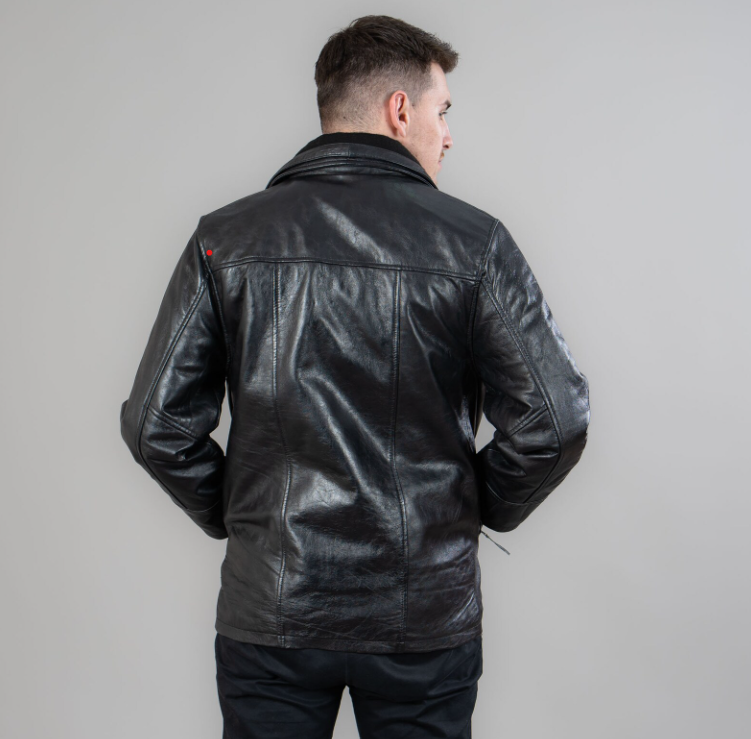 Black leather zipped jacket with a detachable collar